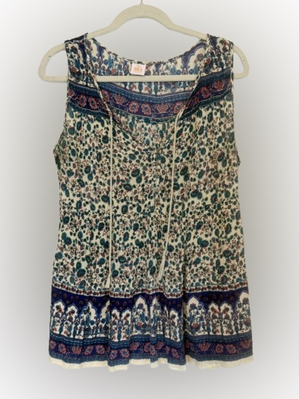 Bila Floral Border Boho Top in Blue and Cream